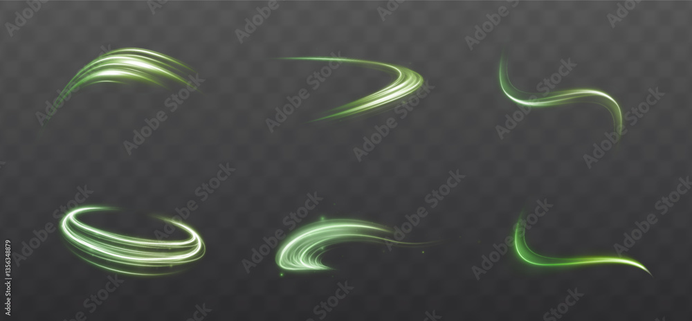 Poster Futuristic green glowing swirl with circular motion and sparkling energy. Dynamic neon wave with spiral and tornado effects. Perfect for tech, speed, and abstract vector backgrounds