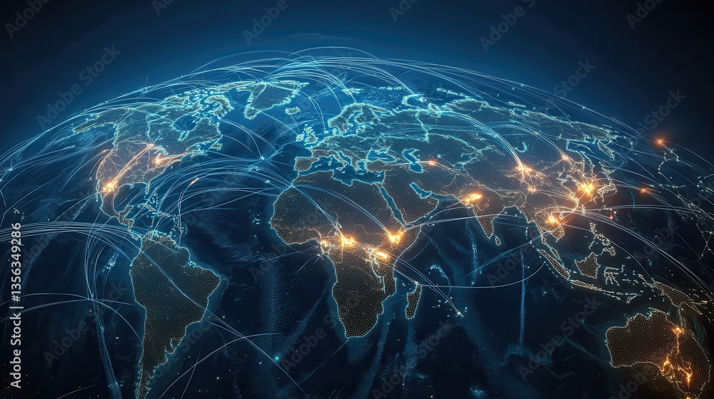 Poster a global map with glowing connections between different countries, symbolizing the interconnectednes