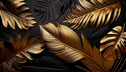 black and golden tropical leaves on dark background generative ai