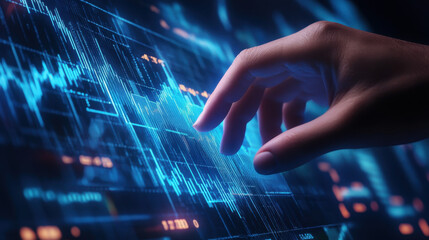 Close-up of a hand touching a digital screen with a stock market graph