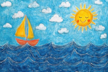 Sailboat's Sunny Voyage: A charming hand-drawn image of a sailboat navigating the ocean under the smiling sun, a serene depiction of a coastal scene, evoking feelings of freedom, playfulness.