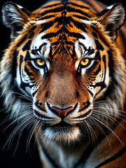 Naklejka premium A powerful tiger’s close-up portrait with piercing eyes against a deep black background.