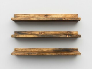 Obraz premium Rustic Wooden Shelves on Clean White Wall Displaying Natural Wood Grain Texture and Minimalist Design