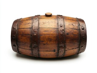 Rustic wooden barrel with metal hoops on white background capturing vintage charm and craftsmanship perfect for cellar themes