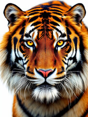 Naklejka premium A powerful tiger’s close-up portrait with piercing eyes against a deep black background.