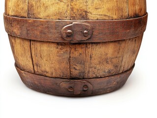 Fototapeta premium Rustic Wooden Barrel Close Up Capturing Aged Texture and Craftsmanship in a Studio Setting with White Background