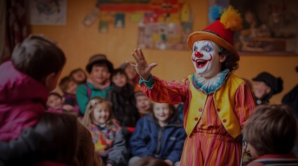 Clown's Cheerful Performance: A jovial clown delights an audience of children in a colorful, vibrant setting, radiating joy and fun through an amusing performance.