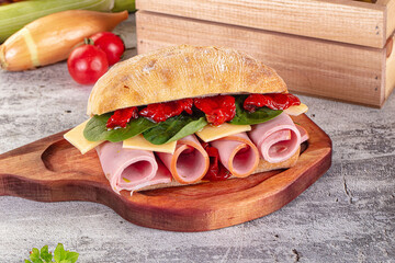 Ciabatta with mortadella, tomato, cheese and spinach
