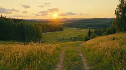 Fototapeta premium Sunset over Serene Countryside Landscape