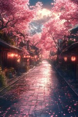 Cherry Blossom Lane Serene Asian Street at Dawn.