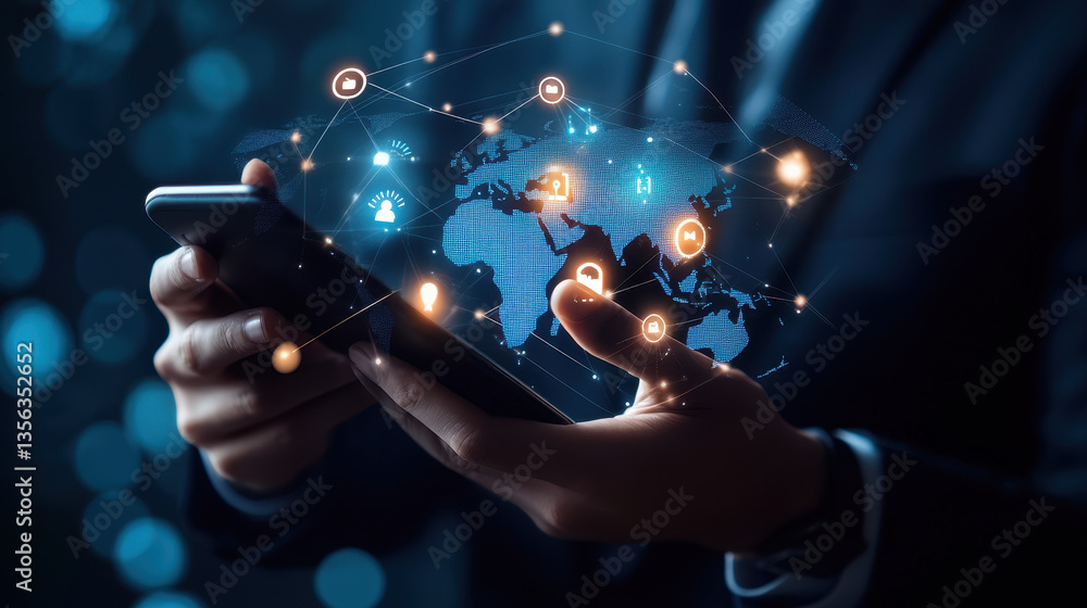 Poster businessman using a mobile phone with global network and location icons on a digital map background