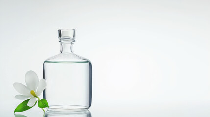clear glass bottle filled with liquid sits elegantly beside white flower, creating serene and calming atmosphere