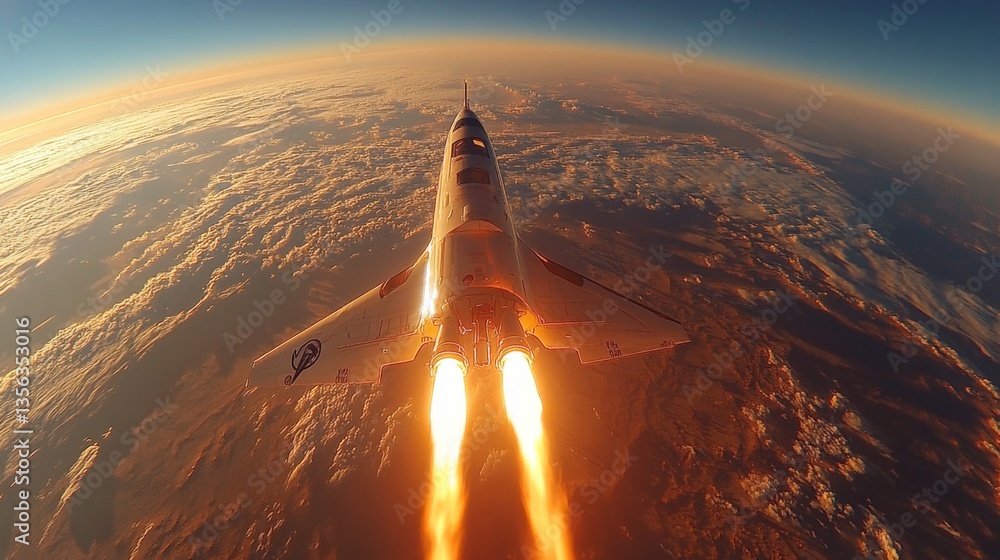 Poster a rocket ascends from the earth into the atmosphere, showcasing powerful propulsion and hypersonic c