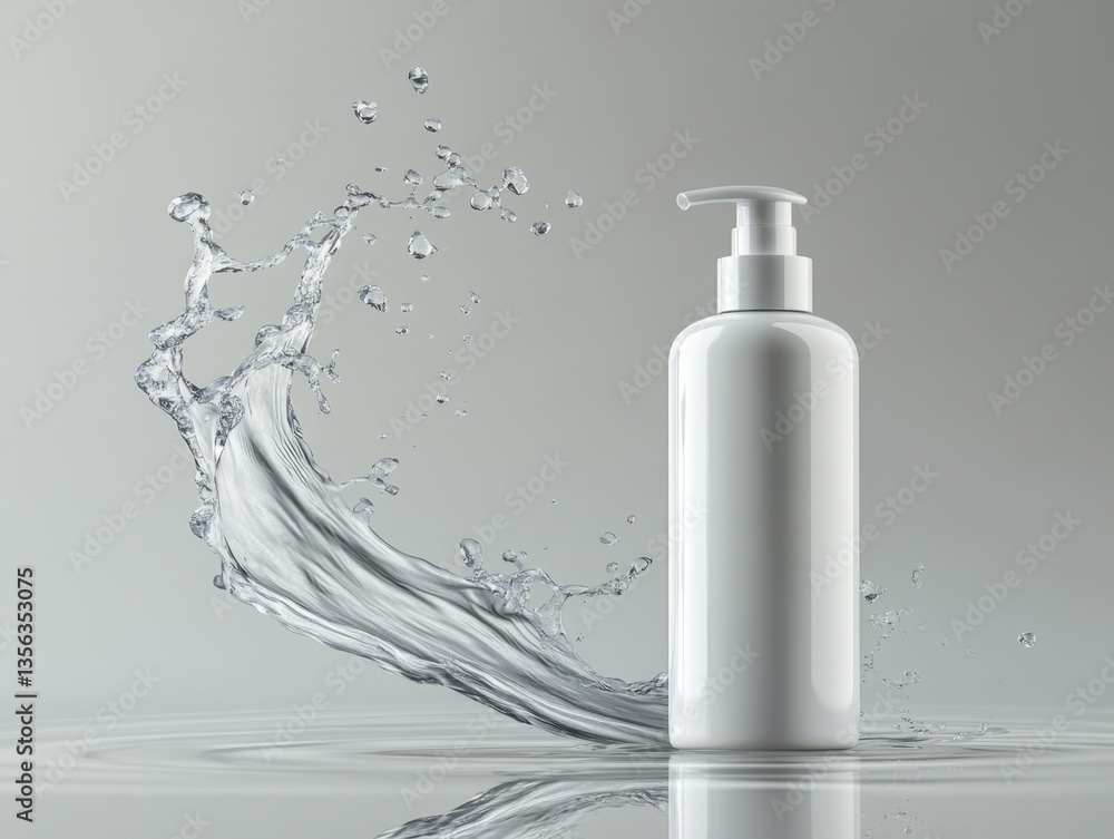 Poster elegant white dispenser bottle with dynamic water splash creating a refreshing and clean visual mood