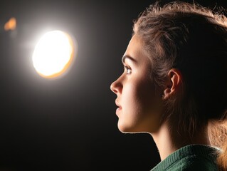 Woman looks toward bright light