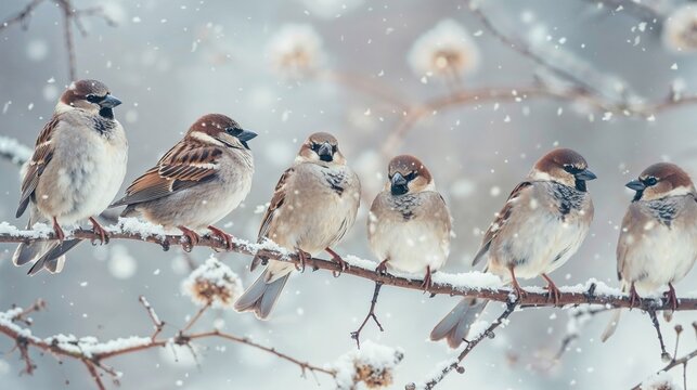 serene winter scene of sparrows perched on a snow-covered branch, surrounded by falling snowflakes. The calm, cold atmosphere captures the beauty of birds in their natural snowy environment
