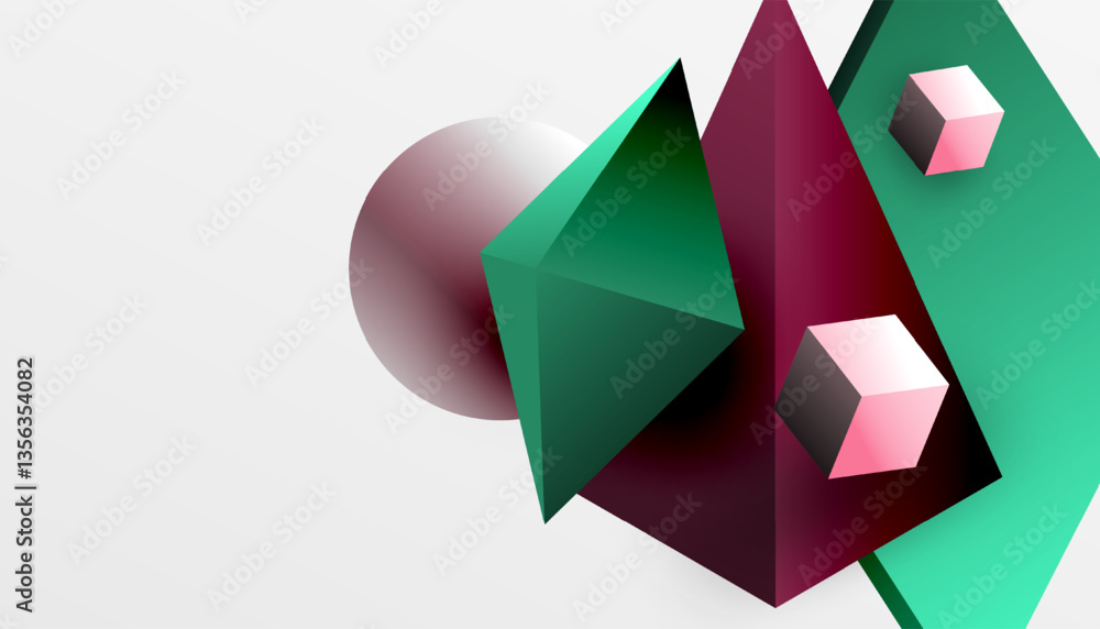 Poster abstract design showcasing isometric cubes, pyramids, squares, and spheres in a vibrant 3d layout. m
