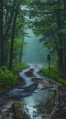 Obraz premium Misty Forest Path After Rain.