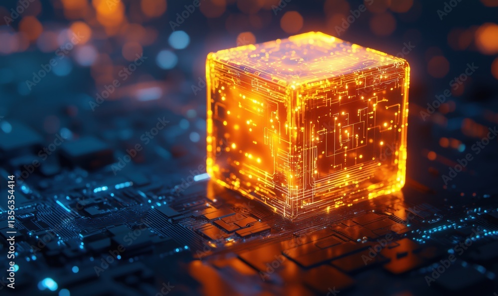 Poster glowing orange digital cube on circuit board with intricate patterns and lights