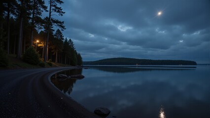 Archipelago Twilight in Finland Turku showcases serene lake reflecting moonlight, surrounded by dark clouds and trees. Concept of tranquility in Archipelago Twilight in Finland Turku landscape.