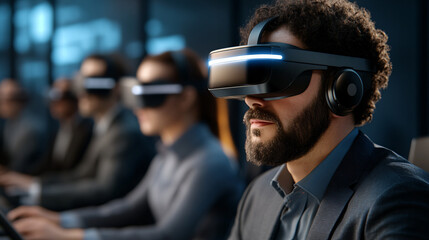 group of professionals engaged virtual reality experience, wearing advanced VR headsets modern office setting. atmosphere is focused and innovative, showcasing integration of technology business