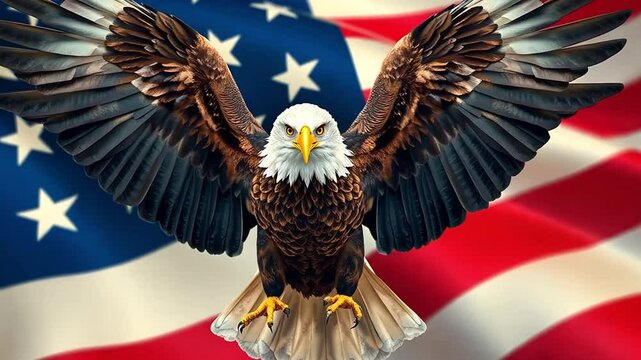 American bald eagle soars majestically before waving USA flag clip. Patriotic symbol in motion footage. National pride illustration for Memorial day.