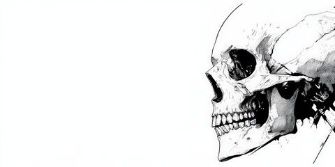 Striking black and white skull illustration. Detailed realism against a stark white background creates a powerful, contemplative image