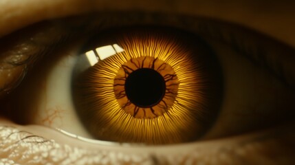 Close-up of a human eye with a golden iris and dark pupil.