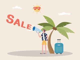 Tourist sale advertisement decorate by suitcase with coconut tree and sun with sunglasses vector. Concept of Summer sale for vacation or seasonal traveling, transport and hotel campaign flat design.