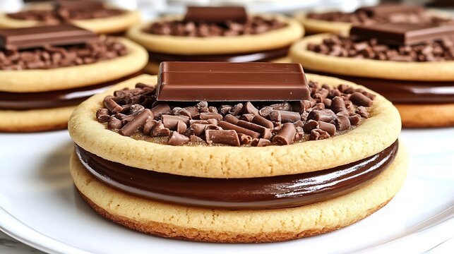 Delicious chocolate sandwich cookies with dulce de leche filling and chocolate shavings.