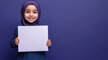 Child in hijab holding blank sign against purple backdrop