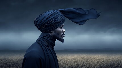 Man in Turban for Field, Stormy Sky.