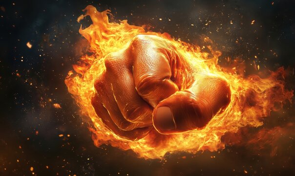Fiery fist symbolizing strength and power with dynamic flames and sparks