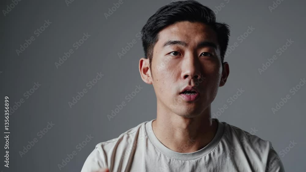 Poster portrait video style with a front-facing camera angle, capturing a contemplative expression against 