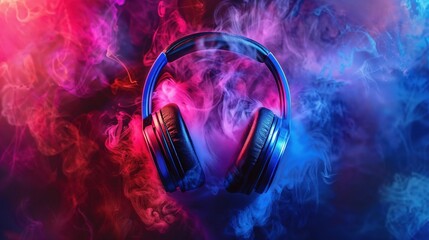Headphones enveloped in vibrant, swirling smoke, illuminated by neon hues, capturing the essence of modern music and audio experience