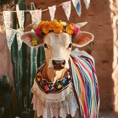 Obraz premium A calm cow in a colorful dress and floral crown embodies Cinco de Mayo festivities