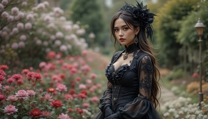 Gothic Beauty in a Floral Garden