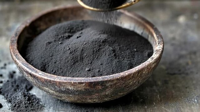 Black powder in a rustic bowl being scooped with a metal spoon in a kitchen setting during the afternoon light