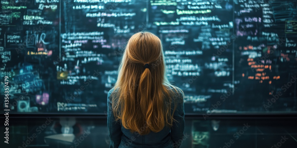 Poster woman observing complex data and notes on blackboard in modern learning environment