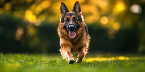 German shepherd running joyfully in a sunlit park with blurred background