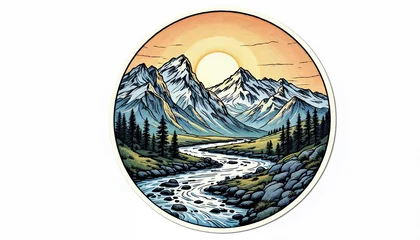 Fototapete Rund A hand-drawn mountain landscape with a rising sun and flowing river, in a circular sticker design.   © abu