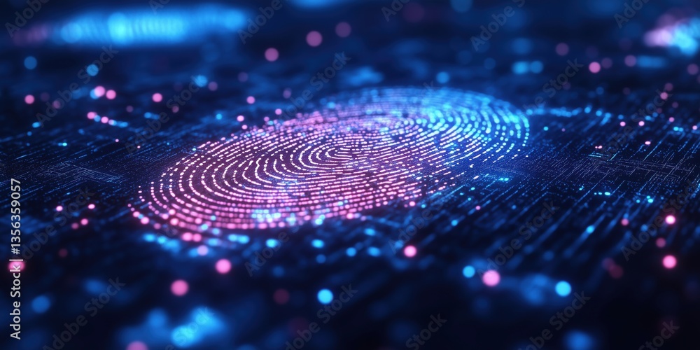 Poster digital fingerprint representation with glowing dots and abstract technology background