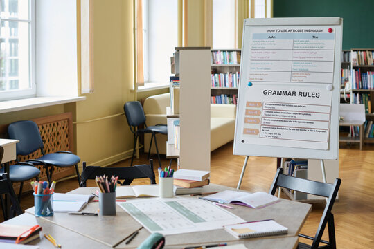 Interior of a classroom for a language lesson with grammar rules displayed