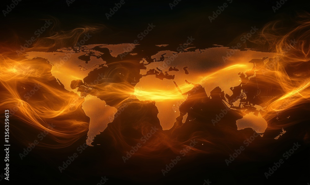Aufkleber world map illuminated by fiery orange light with abstract swirling patterns