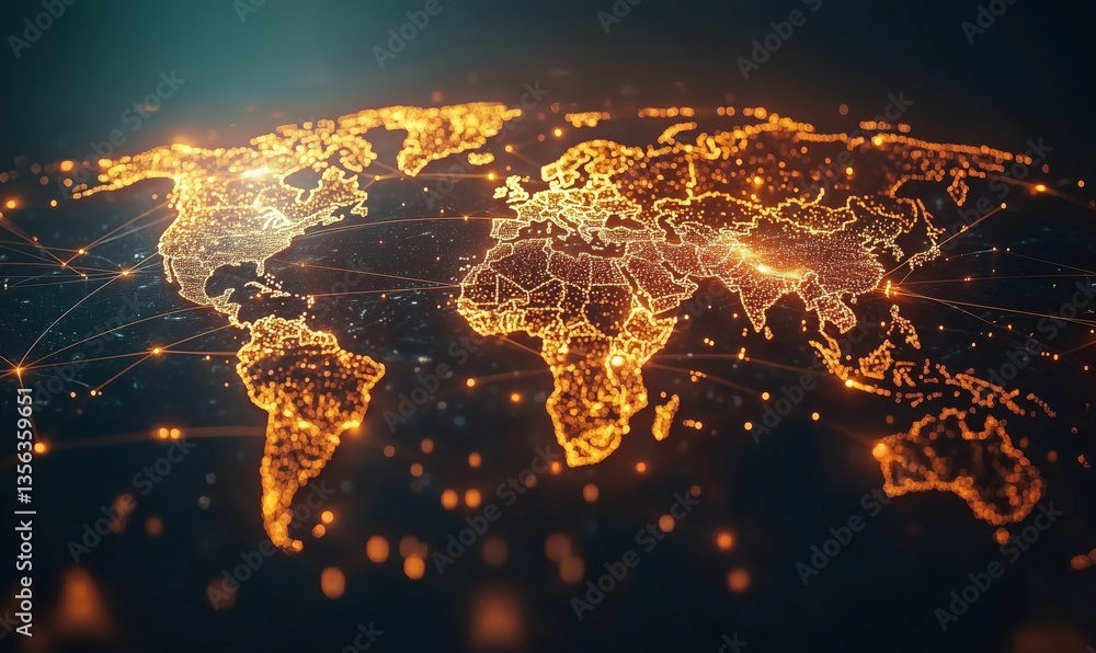 Poster illuminated world map with digital connections and network nodes