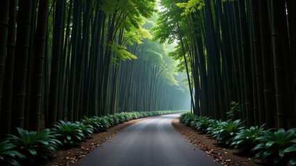 Fototapeta premium Chinese Bamboo Forest Paths winding through tall bamboo trees, sunlight filtering through leaves, creating serenity. Concept of Chinese Bamboo Forest Paths showcases tranquil landscape.