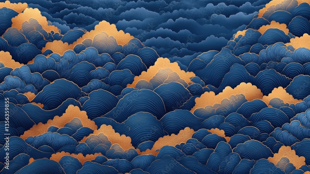 Aufkleber elegant abstract art of golden clouds and dark blue waves in a seamless pattern creating a serene an
