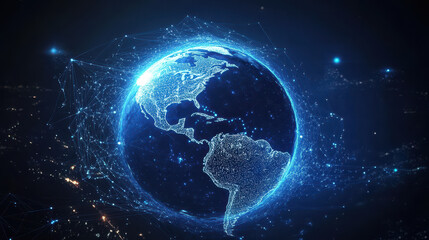 Abstract digital blue Earth with global network connections and data transfer in space on a dark background