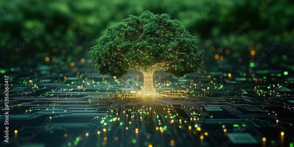 Poster digital tree symbolizing technology and nature integration with circuit board background