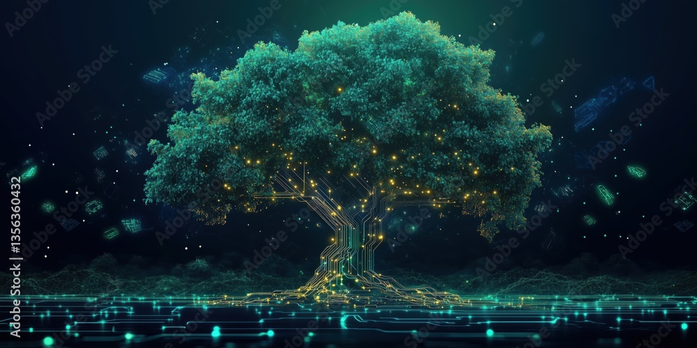 Poster digital tree with glowing circuits and data elements representing technology and nature